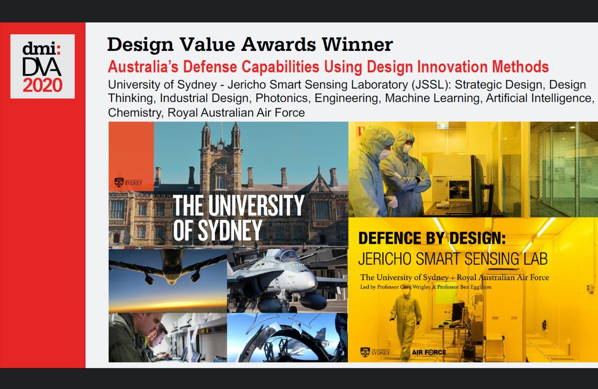 Congrats to <a href="/DrCaraWrigley/">Professor Cara Wrigley</a> <a href="/SydneyNano/">Sydney Nano</a> &amp; the Jericho Smart Sensing Lab for their Honourable Mention in the <a href="/DMIfeed/">DMI</a> Design Value Awards – recognised for challenging the trad operating picture in sci research &amp; Defence tech dev. Learn more about their work: bit.ly/34xzsNL