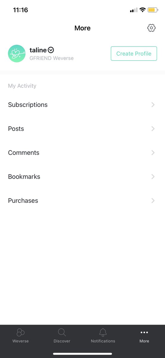 to see your overall purchases, comments and posts, click on more at the bottom of your screen