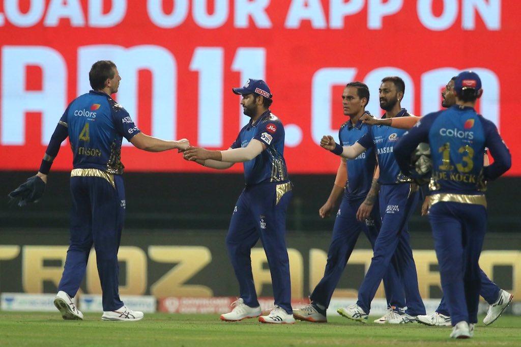 Match 20: Mumbai Indians beat Rajasthan Royals by 57 runs at Abu Dhabi. Suryakumar Kumar 79*(47) played a blinder. Jos Buttler was the lone warriors for RR scored 70(44). Jasprit Bumrah picked 4 wickets & bowled brilliantly. Boult-Pattinson picked 2 wickets each  #MIvRR  #RRvsMI