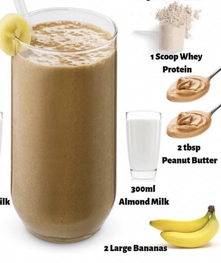 So I like to start by adding ice to my blender than I add milk &amp; fill it up halfway. After I add 2 scoop of my Protein powder that contains 50g of protein &amp; contains 1,250 calories  which helps me gain weight. Then I just add a full banana &amp; 2 tbsp of Pb.