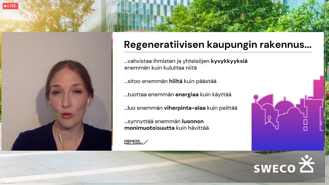 FIMKie's tweet photo. Regeneratiivisen kaupungin kuva - Tuuli Kaskinen, Demos Helsinki. 

#SwecoEdelläkävijät asiakasseminaari tuo yhteen sidosryhmät luomaan kädenjälkeä ilmastonmuutokseen ja kaupunkiympäristön vaikutuksiin. #osallistaminen #yhteistyö https://t.co/cn1zciHVB4