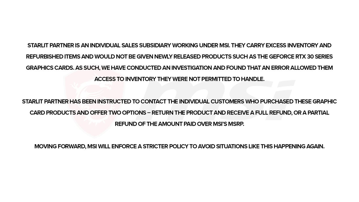 MSI в США предложила компенсацию покупателям, переплатившим за RTX 3080 в одном из магазинов на eBay