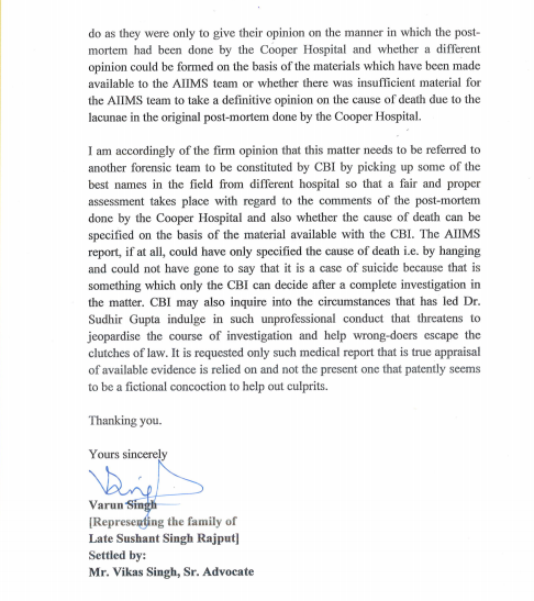 ANI's tweet photo. #SushantSinghRajput's family lawyer Vikas Singh writes a letter to CBI Director, raising objections over forensic examination report submitted by AIIMS to CBI &amp; calling it faulty. 

The letter reads, "Matter needs to be referred to another forensic team to be constituted by CBI." https://t.co/Jlnnusf37C