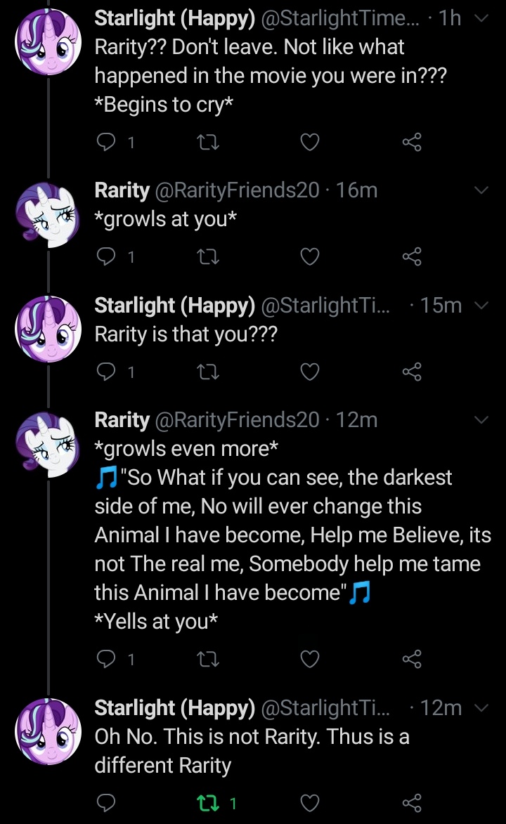 HelperTwilight's tweet photo. I think I lost my friend Rarity (@RarityFriends20) and she has now growled and saying something i don't know as she yells it at me
Help me Bring back my friend Rarity(@RarityFriends20) https://t.co/nuo53Opdme