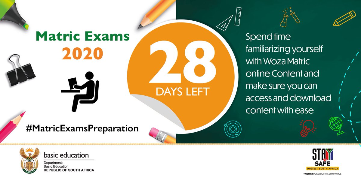 DBE_SA's tweet image. The Matric Exams for 2020 start in 29 days.

Now is the time to verify your centre and examination numbers.

#MatricExamPreparations
