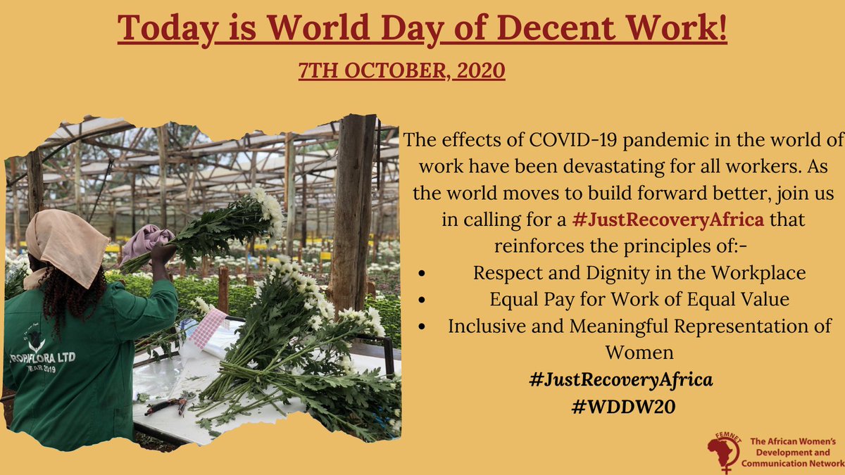 FemnetProg's tweet image. On this Day of Decent Work, what would a #JustRecoveryAfrica mean to you?

#WDDW20
#WorldDayforDecentWork
