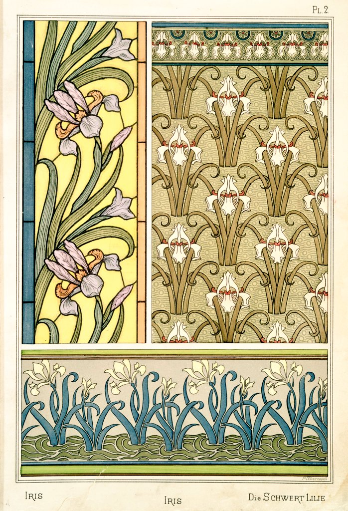 1/ THREAD of Art Nouveau flower and plant designs from the book "La plante et ses applications ornementales" by Eugéne Grasset. Paris, 1896."Iris" by M. P. Verneuil: