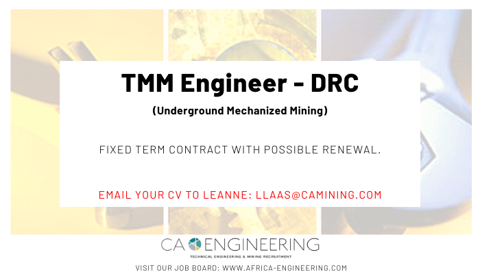 CAGlobal_Jobs's tweet photo. Our client is in need of an experienced TMM Engineer from an underground mechanized mining background to join their team in the DRC.
APPLY HERE: https://t.co/wqVr2hbdpK
#CAGlobalJobs #MechanizedMining #UndergroundMining https://t.co/0Bm8CxYuw0