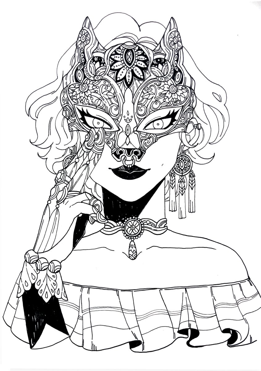 INKTOBER DAY 7. Fancy - The Lady was wearing a fancy leopard mask. She waved her hand and activates summoning magic✨ Inked with Copic multiliner and brush, coloured digitally  #inktober2020 #ArtistOnTwitter #inktober2020day7