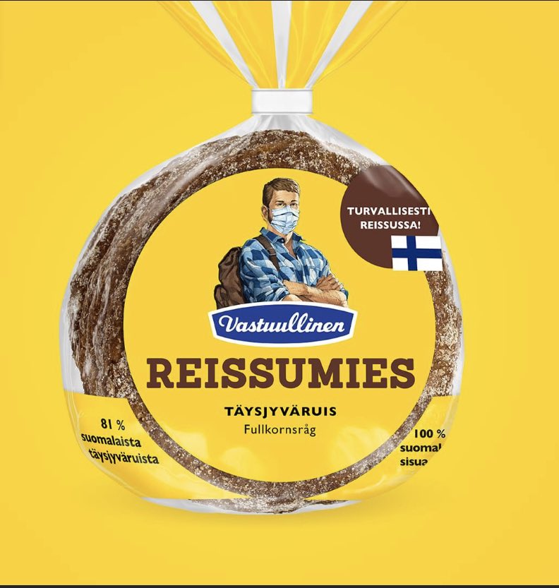 Myös Reissumies on ajassa kiinni ja pukeutuu maskiin. Painoimme miljoonaan leipäpussiin vastuullisen Reissumiehen, kampanjoidaksemme maskien käytön puolesta. #reissumies #maskit #pysytäänterveinä