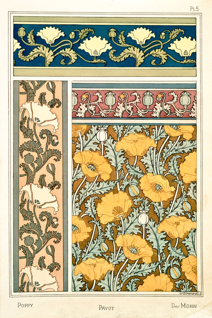 2/ Art Nouveau flower and plant designs from 1896."Poppy". Image 1 and 2 by M.P. Verneuil. Image 3 by Marc Mangïn.