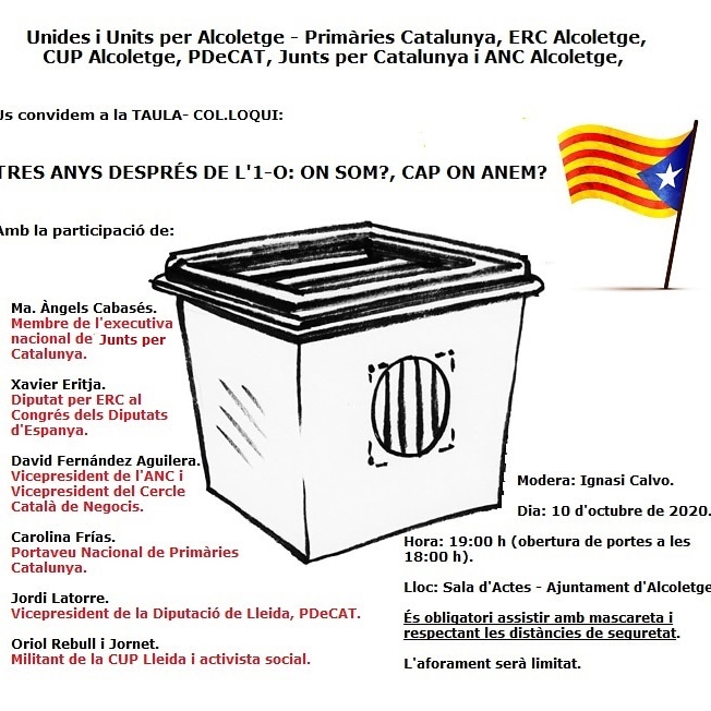 cupalcoletge's tweet photo. Aquest dissabte 10/10/2020 us convidem al acte organitzat per les entitats presenta a Alcoletge a on parlarem sobre la situació actual 3 anys després del 1-0.
#cuplleida #cupnacional #cupalcolete #alcoletge #1OMandatVigent #1ONioblitNiPerdo
@cuplleida @cupnacional @cupalcoletge https://t.co/5AZnkMkNFy