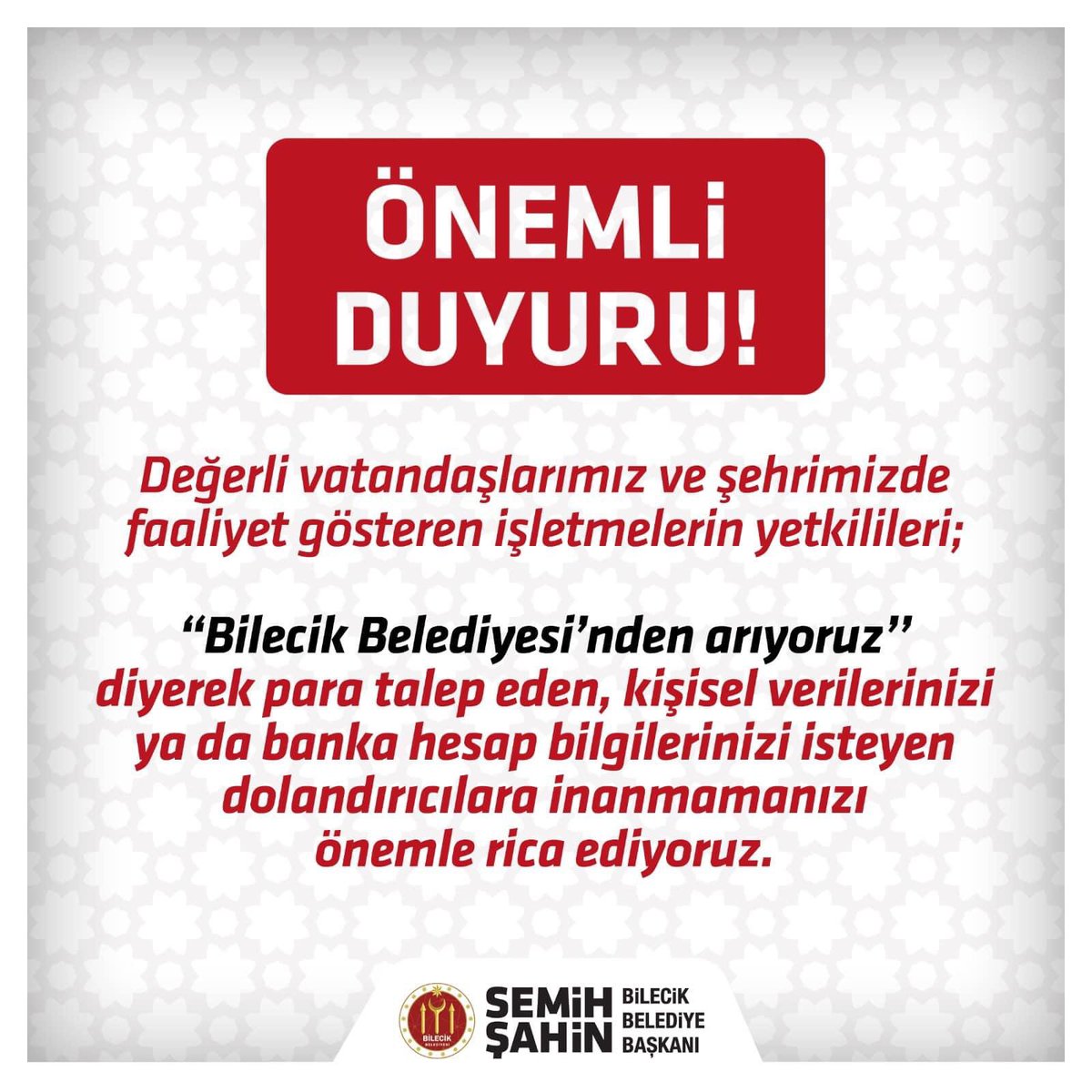 Sevgili hemşehrilerimiz, eğer belediyeden arıyoruz diye telefon edip para isteyen olursa “hadi oradan” demenizi tavsiye ediyoruz. 🙋🏻♂️🙋🏻♀️ https://t.co/68hRmFhLxR