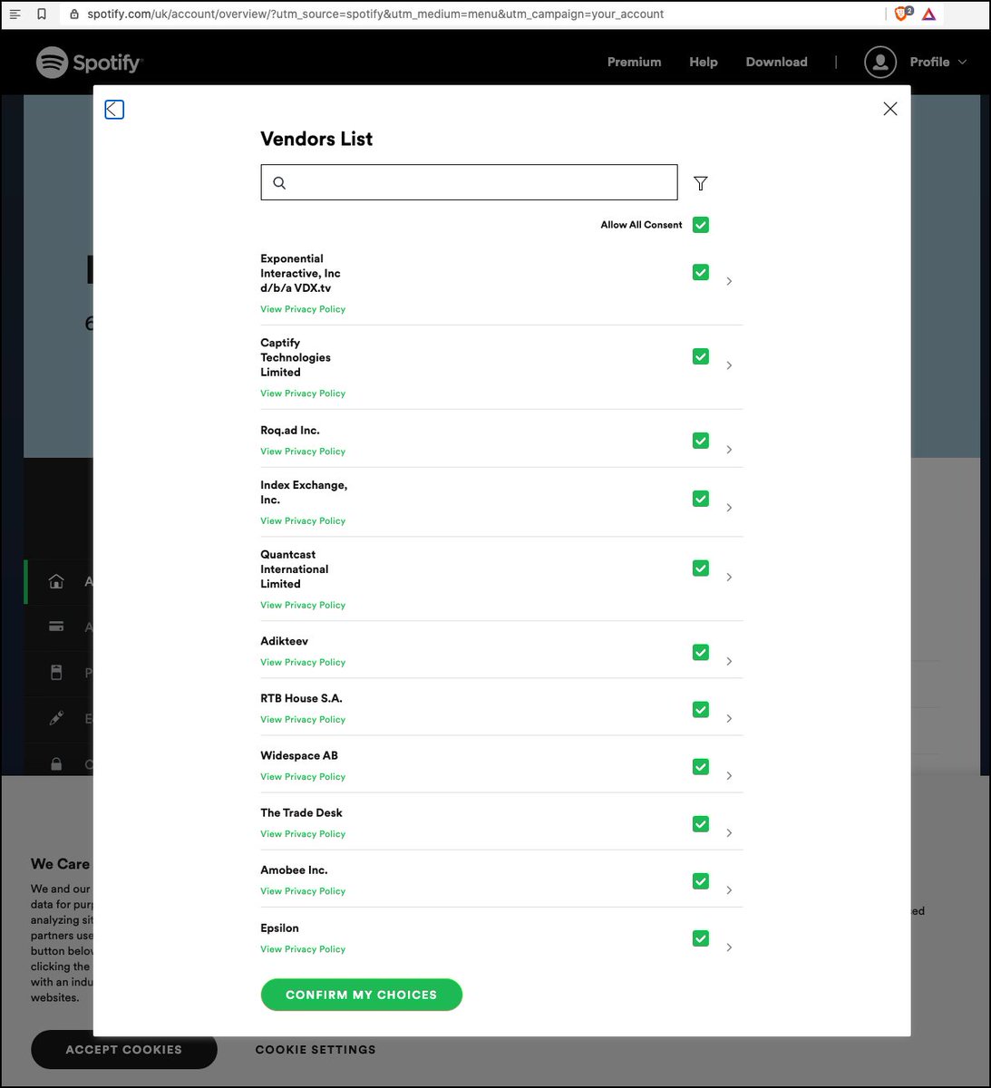 There are 218 Third Party Vendors (each with their own privacy policy) defaulted to ON via pre-ticked boxes, that includes consent, special purposes and features. Consider also, that the 'cookie' consent dialogue is presented even when visiting the Spotify Privacy Policy.