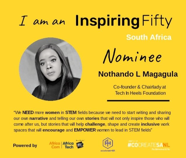 Inspiring50SA's tweet photo. Inspiring Fifty SA 2020 Nominee Nothando L. Magagula 🎉

She is the co-founder and Chairlady at Tech In Heels Foundation.

#InspiringFiftySA2020
#STEM https://t.co/qgltq4lOkK