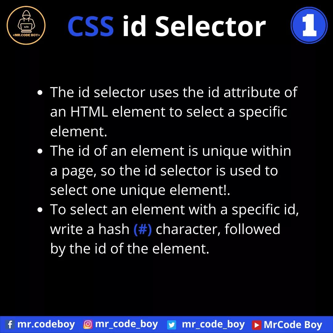 mr_code_boy's tweet image. CSS Part - 2(b) (id Selector)

Like, Share, Comment, and Follow for more technical stuff.

YouTube - bit.ly/mrcodeboy
Facebook - facebook.com/mr.codeboy/
Instagram - instagram.com/mr_code_boy/

#development #coding #programming #program #develop #Coder #design #100DaysOfCode