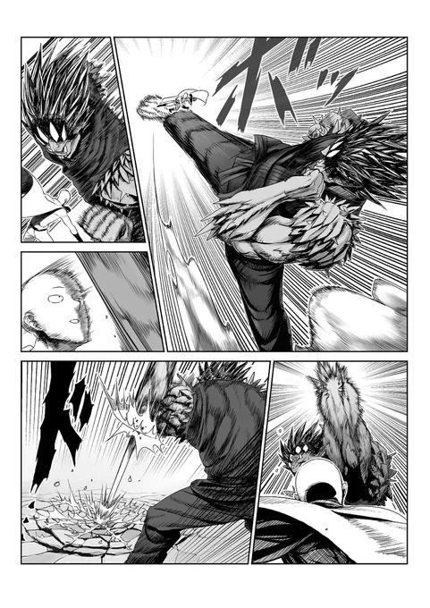 ちなみに、これが、以前単行本の表紙裏に描かれていたゴウケツのワンシーンを別角度から描かせていただいたシーンです(`、3_ヽ)_ #ワンパンマン #ゴウケツ 