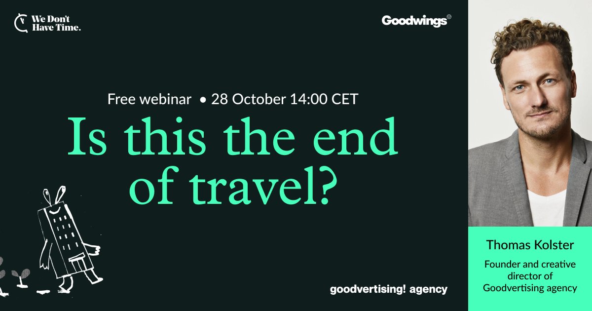 thomaskolster's tweet image. Join a panelist debate about the future possibilities and obstacles we will face as travelers and as travel industry, and how we can reinvent travel in a greener, cleaner way. Watch LIVE for free 28 October, 14:00 CET" - sign-up here bit.ly/306aGTN @GoodwingsTravel
