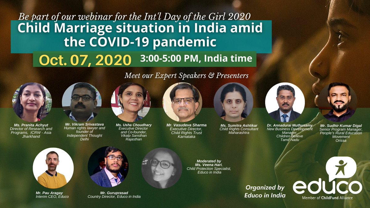 Don't miss Educo's webinar TODAY, Oct 07, 3-5pm (India) as child rights experts and thought leaders provide an analysis of Child Marriage situation in India amid #COVID19Crisis. 
@Educo_ONG Link to webinar: bit.ly/30xcfuc
Passcode: 326215