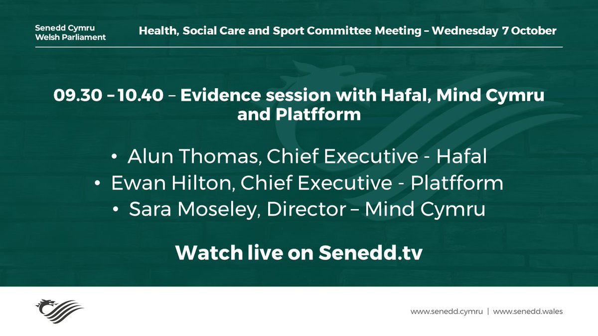 In our first evidence session of the day, @seneddhealth takes evidence from representatives of @Hafal_ @weareplatfform and @MindCymru on the impact of #COVID19 in #Wales. Watch live on senedd.tv or twitter. Agenda: ow.ly/23t350BLISi