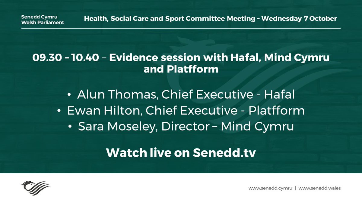 In our first evidence session of the day, <a href="/seneddhealth/">Health and Social Care Committee</a> takes evidence from representatives of @Hafal_ <a href="/weareplatfform/">Platfform</a> and <a href="/MindCymru/">Mind Cymru</a> on the impact of #COVID19 in #Wales.  

Watch live on senedd.tv or twitter.

Agenda: ow.ly/23t350BLISi
