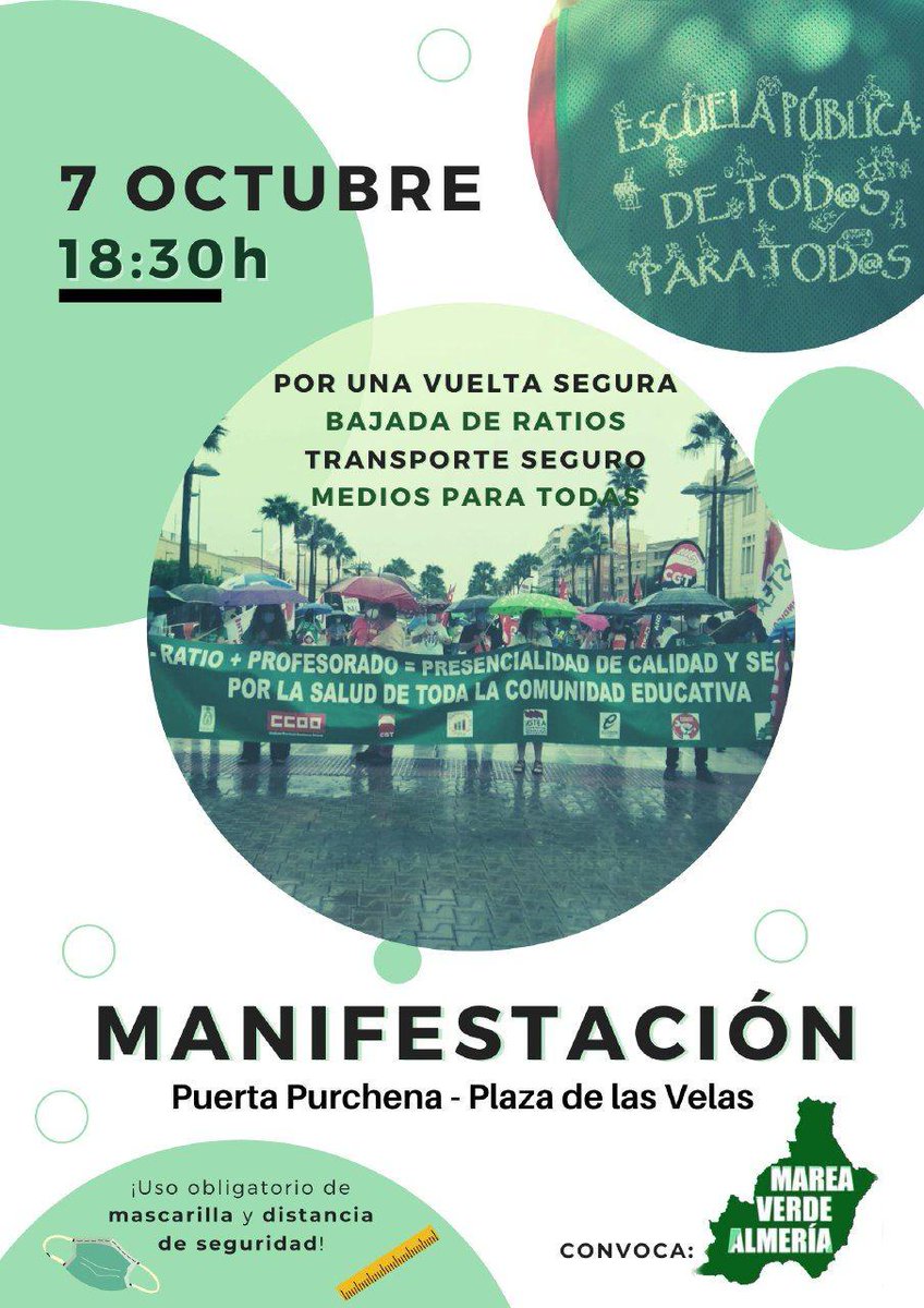 Marea Verde Almería (@mareaverdealmer) on Twitter photo Esta tarde a las 18:30h nos vemos en Puerta de Purchena para exigir una #VueltaAlColeSegura y presencial.Necesitamos que se tomen en serio la seguridad y la salud del alumnado, del profesorado y de sus familias.¡Acude y muestra tu rechazo!
#MareaVerde7Oct
…ataformaeducacionalmeria.blogspot.com/2020/10/el-7-d… Esta tarde a las 18:30h nos vemos en Puerta de Purchena para exigir una #VueltaAlColeSegura y presencial.Necesitamos que se tomen en serio la seguridad y la salud del alumnado, del profesorado y de sus familias.¡Acude y muestra tu rechazo!
#MareaVerde7Oct
…ataformaeducacionalmeria.blogspot.com/2020/10/el-7-d…