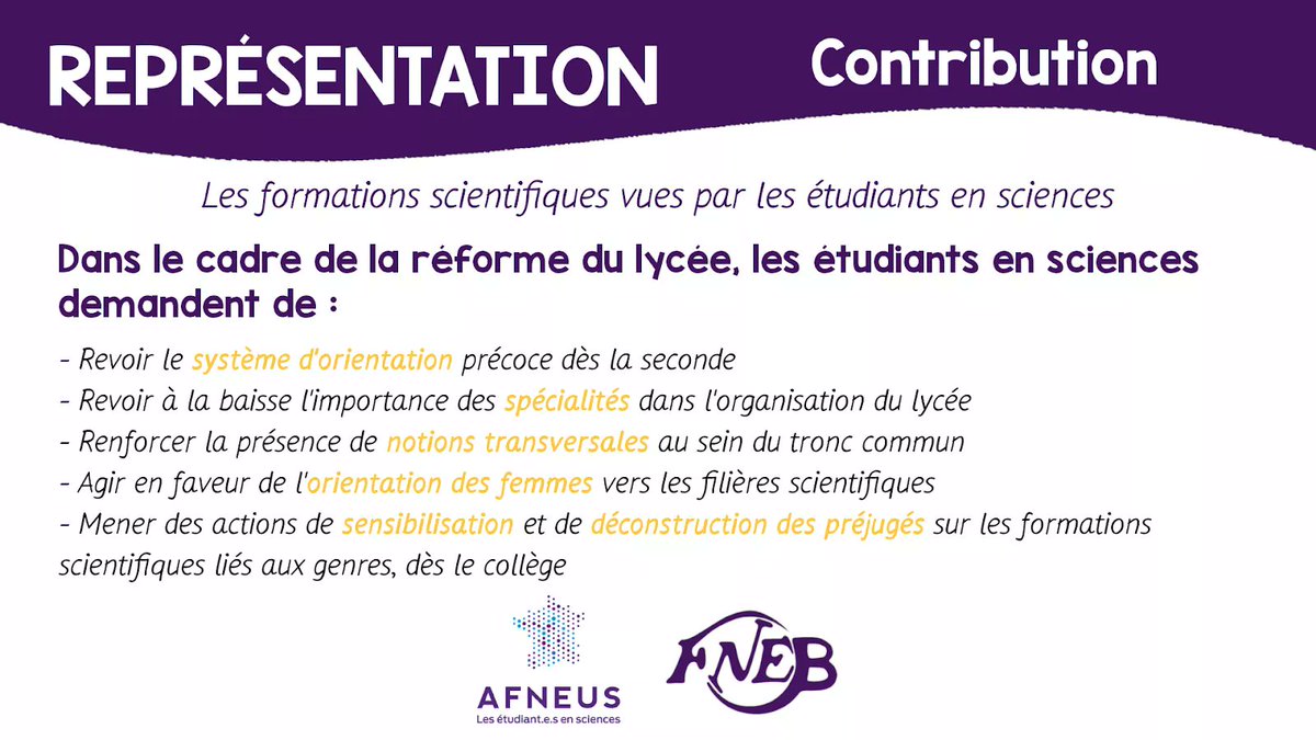 AFNEUS's tweet photo. 📣 “Alors que beaucoup d’étudiants ont de grandes difficultés à se projeter dans leur avenir, cette spécialisation très précoce doit être la moins déterminante possible dans le parcours de l’étudiant.”

⬇️ Nos propositions pour la réforme du lycée ⬇️ https://t.co/bmfSLHKBC7