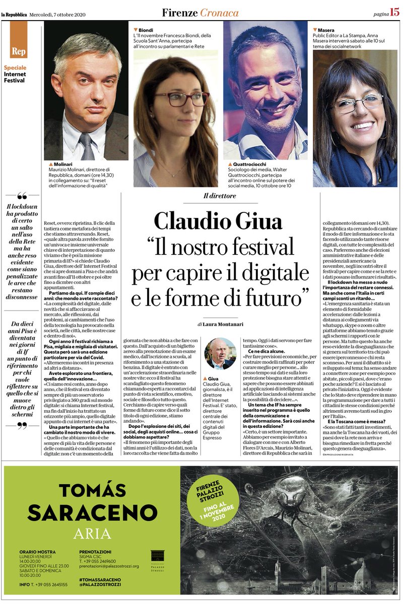 Claudiogiua's tweet photo. Domani Pisa il via #IF2020. Su ⁦@rep_firenze⁩ cerco di spiegare il senso del principale evento digitale italiano - alla decima edizione - nell’anno del COVID, che impone un formato innovativo. Grazie a Laura Montanari. https://t.co/hBt0GJZTeH