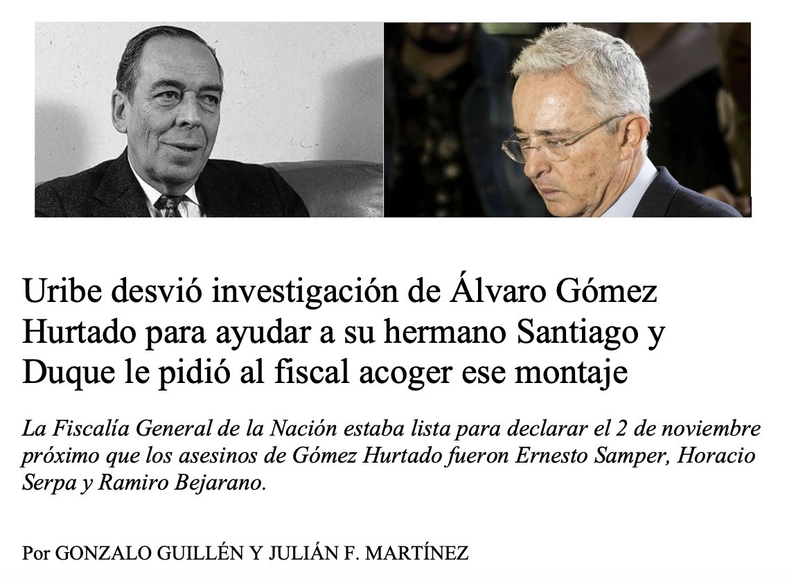 Ya en <a href="/lanuevaprensaco/">La Nueva Prensa</a> #LaVerdadSeaDicha 

<a href="/AlvaroUribeVel/">Álvaro Uribe Vélez</a> desvió investigación de Álvaro Gómez Hurtado para ayudar a su hermano Santiago y <a href="/IvanDuque/">Iván Duque 🇨🇴</a>  le pidió al <a href="/FiscaliaCol/">Fiscalía Colombia</a> Francisco Barbosa acoger ese montaje

lanuevaprensa.com.co/component/k2/u…