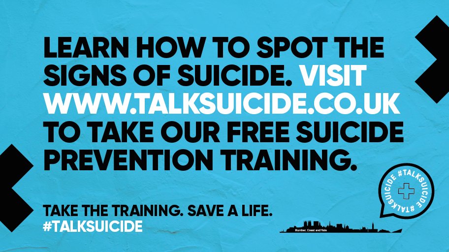 It's #WorldMentalHealthDay today.

The #TalkSuicide campaign encourages individuals and businesses to complete 20-minuute #suicideprevention training at talksuicide.co.uk 

Take the Training. Save a Life. #TalkSuicide
