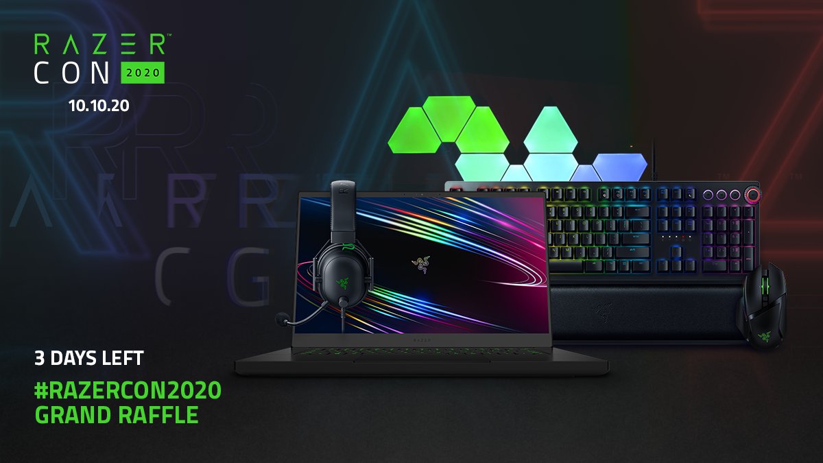 Razer's tweet image. T-3 DAYS until #RazerCon2020! Don't miss out on one of the biggest event of the year, with exclusive game content, product unveils, and more.
Make sure to sign up for the RazerCon 2020 Grand Raffle. See how you can win this grand loot: razer.com/razercon