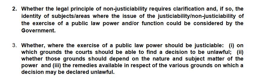 Here are the paras we are considering - they relate to (a) justiciability and (b) the grounds for JR (and associated remedies)