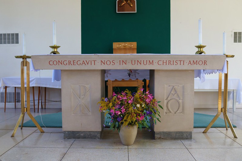 Inside, all is austere, clean but with careful detailing. The font is by Joseph Skelton, and the altar by Joseph Cribb - a Ditchling connection! The cross is by Michael Murray, and the stations of the cross by Rosamund Fletcher. 2/3 Images: Paul O'Connor