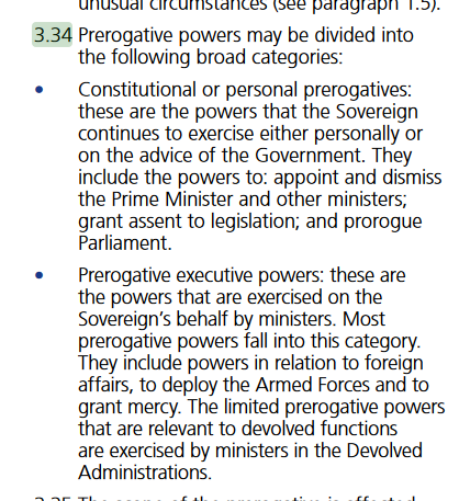 And here's the bit of the Cabinet Manual being referred to on the different types of prerogative powers