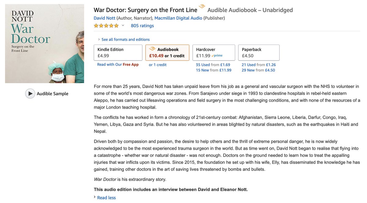 I've just finished reading 'War Doctor' by  @NottFoundation which charts David Nott's journey learning and teaching about surgery in times of war and devastation. It's humbling, inspiring and horrifyingNarrated by the author and so worth a listen:  https://amzn.to/2SB2eaY 