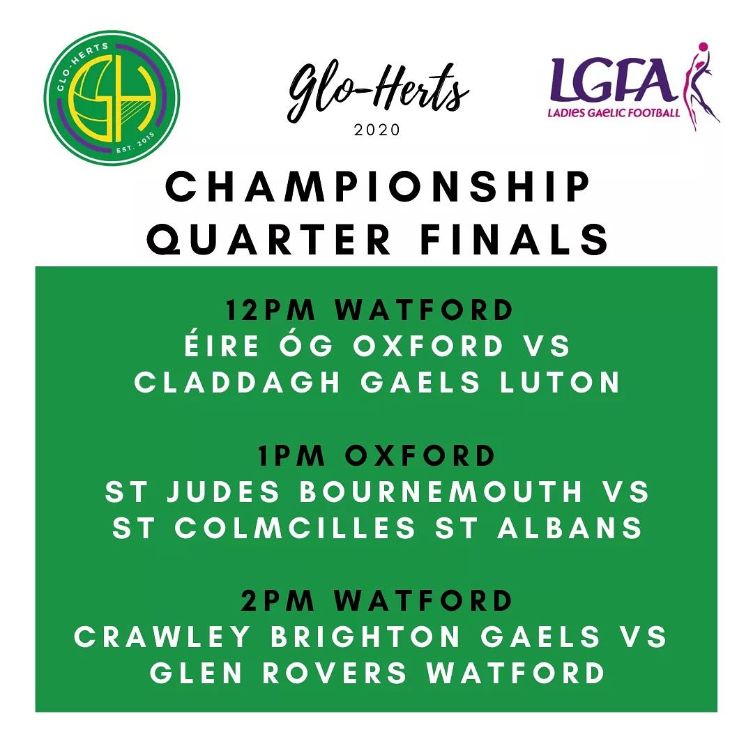 The Glo-Herts Championship starts this Saturday! 🗓 10th October ⏲12pm - @EireOgOxford vs @claddaghgaels 📍 Watford ⏲1pm - @StJudesGAA vs @StColmcillesGAC Oxford ⏲2pm - @CrawleyBtnGaels vs @GlenRoversGAA 📍 Watford Get down and support the ladies! #CantSeeCantBe #20x20