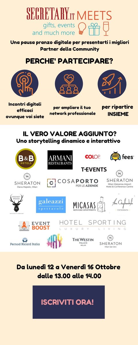 Impegni per la prossima settimana? Ovviamente la Secretary Digital Meets Week!
Per te idee e soluzioni professionali per portare più valore in azienda, unire i team ed essere sempre un passo avanti comodamente dal tuo pc! 
PRENOTA IL TUO POSTO: bit.ly/3llWxKn