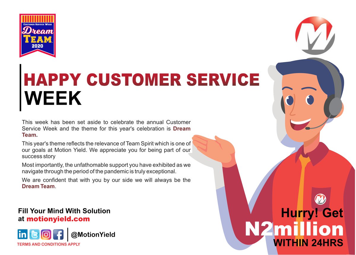 motionyield's tweet photo. Happy Customer Service Week 2020. Thank you being part of our success story and our Dream Team. We appreciate you and will always remain committed to you.
#MotionCares
#CSWeek2020
#CustomerFirst
#BBNaija
#Loans
#DreamTeam https://t.co/nvttUT1GUo