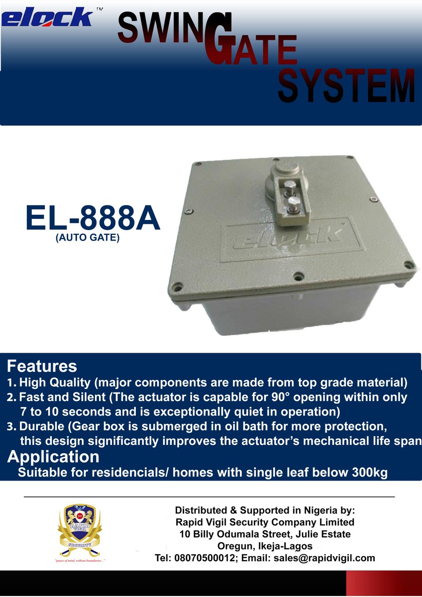 RapidVigil's tweet photo. ELOCK EL-888A is an electro-mechanical complete system for automatic swing gate.
Features
1. High Quality
2. Fast and Silent
3. Durable
learn more https://t.co/NeWA2yIzaA
#rvscl #Security #ACS #ELock https://t.co/ho9OJkIUPe