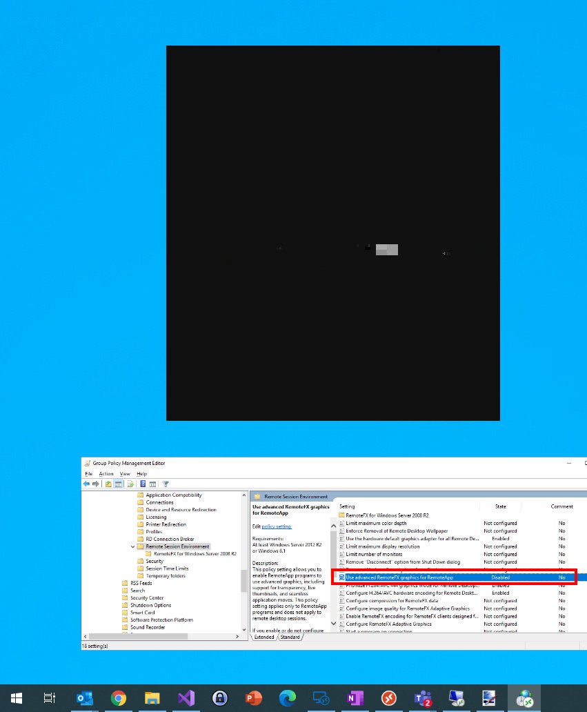 Getting a "black" remote app in Windows Virtual Desktop (#WVD) for some apps? Check your policy to resolve this:

Disable:
Windows Components/Remote Desktop Services/Remote Desktop Session Host/Remote Session Environment/Use advanced RemoteFX graphics for RemoteApp