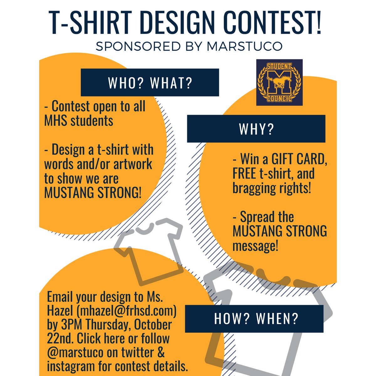 Contest for all MHS students! Design our MUSTANG STRONG t-shirt and WIN PRIZES!🐎 Due along with digital signature via google forms (linked in the rules document) by 10/22 to Ms Hazel. Read the rules and learn more: bit.ly/30FhAQ8