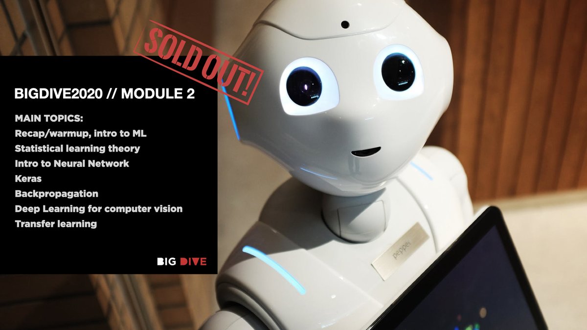 bigdive_eu's tweet photo. -4 days to #BIGDIVE2020 module2. Here a recap of the main topics covered by our top-class resident teachers Alan Perotti and @apanisson (@ISI_Fondazione). https://t.co/wEX5syaLU0 #ML #DL #TensorFlow #keras #NeuralNetwork #transferlearning #Python3 ... module is #soldout! https://t.co/6tybtke4lj