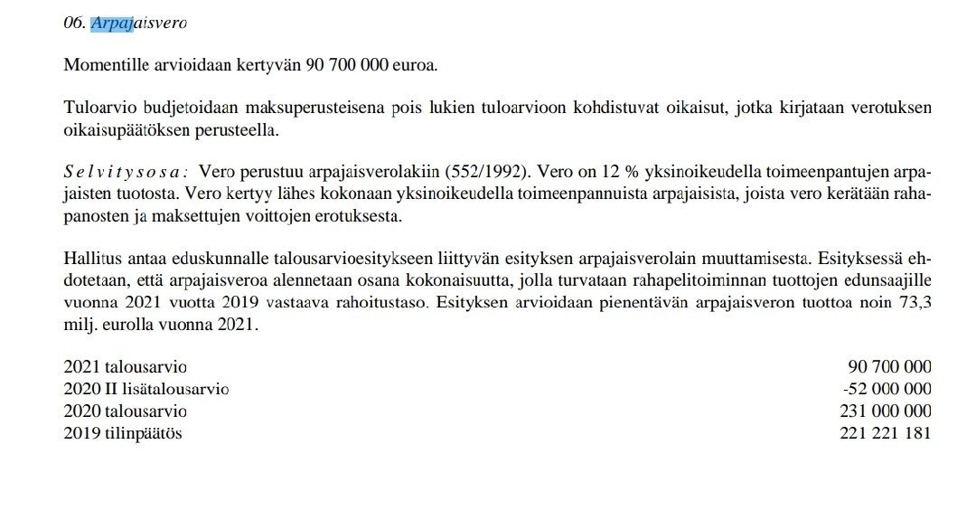 HALLITUS LEIKKAA VEROA!
Ikävä kyllä ainoastaan arpajaisveroa.🥴
Näin tehdään kätevästi uusi tulonsiirto valtion kassasta #veikkausperhe'elle.
Hintalappu 80 miljoonaa €.
#prioriteetit