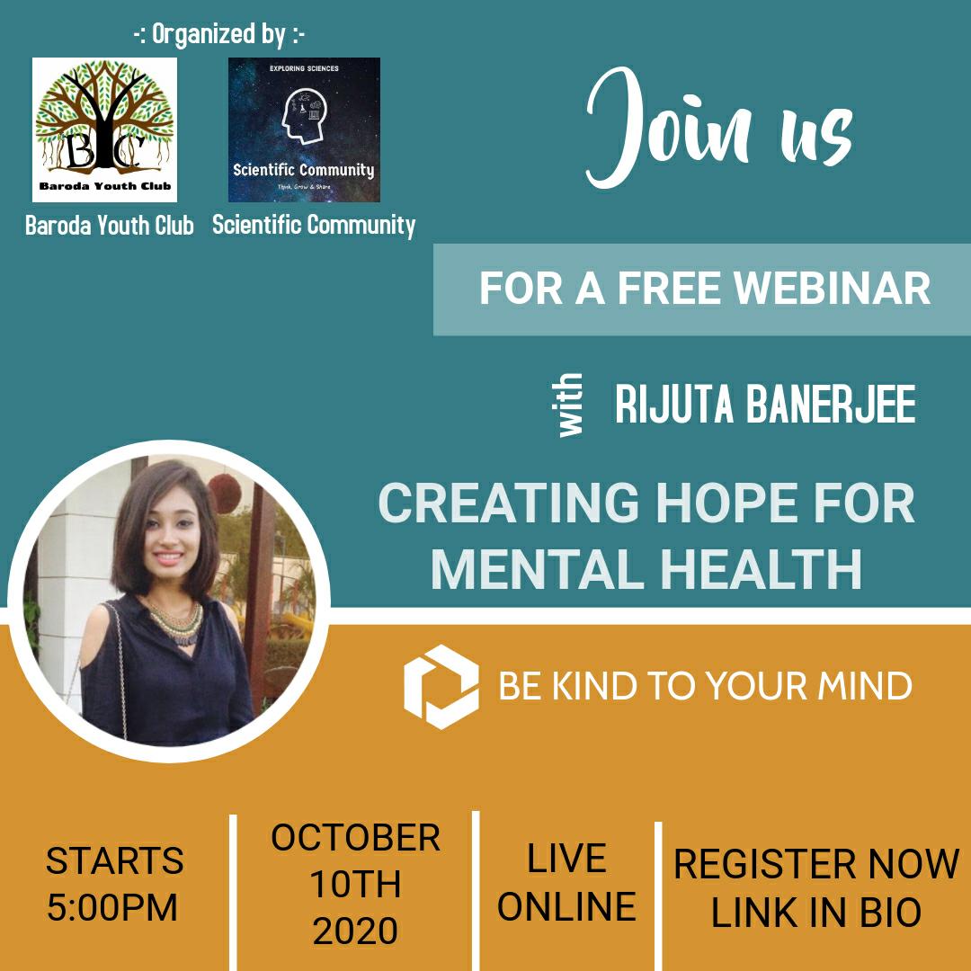 Sci_community_'s tweet photo. 🔥🔥 Announcement 🔥🔥

Webinar on "Creating hope for Mental heath" by @RijutaBanerjee

She will talk about daily life &amp; stress managment in covid era, how art helps dealing with stress &amp; much much more ! 

Time: 5 pm, October 10th 

Register: https://t.co/2CUNKJiEmS https://t.co/zxvxVwYsZC