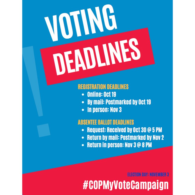 MichiganSNPhA's tweet photo. As the deadlines to register to vote and request an absentee ballot approach, it is important to take action NOW!  Are you registered? Do you have a voting plan? 

For questions or more information on how to vote, please visit https://t.co/nh1FzlsXrJ 

#COPMyVoteCampaign https://t.co/AFpWSvpzqD
