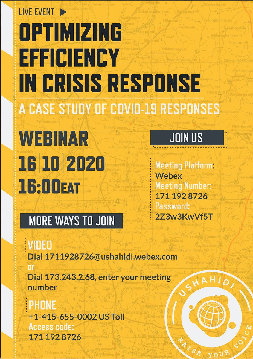 ushahidi's tweet image. Ushahidi shall be hosting a webinar on October 16th, 2020. Join our 4 speakers as they share their goals, strategies, and challenges encountered in their path to creating wide-reaching and impactful deployments. Find more details in our blog post at ushahidi.com/blog/2020/10/0…