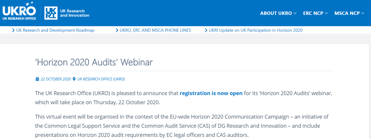 Join <a href="/_UKRO_/">UK Research Office</a> ‘Horizon 2020 Audits’ webinar organised with European Commission on 22 October.

Aimed at project managers, accountants &amp; auditors working on #H2020 project finance in UK-based research organisations, universities &amp; SMEs.

Registration &amp; info: tinyurl.com/yyvyarr7
