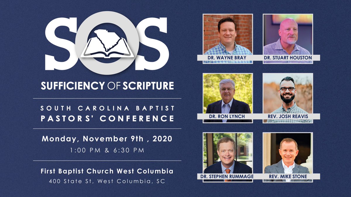 Here is the REVISED schedule for the 2020 SC Pastors Conference. Given the change in the Convention schedule we will have 2 sessions on Monday, Nov 9 at 1PM and 6:30PM. Please help me spread the word.
