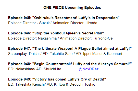 ワノ国 Wano One Piece Upcoming Episodes 945 949 Onepiece