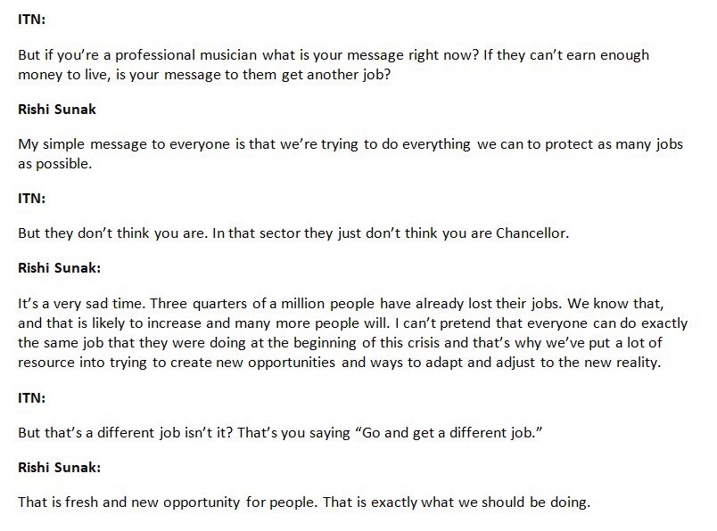 Brand Rishi is worried he’s been found out on his lack of support for freelancers in the creative industries, so he’s produced a partial transcript.

Unfortunately for Brand Rishi, we have the rest of it here...

No more excuses please, Chancellor. Britain deserves better.